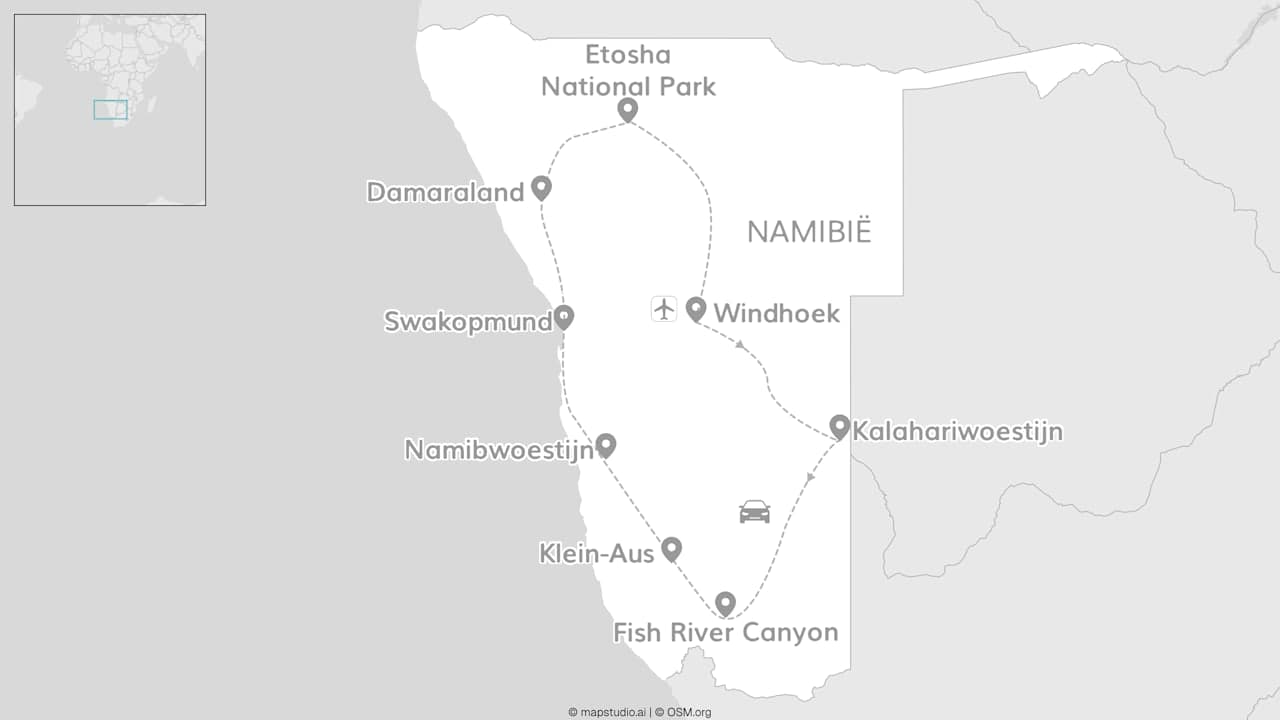 Namibië roadtrip: van Etosha safari naar de woestijn