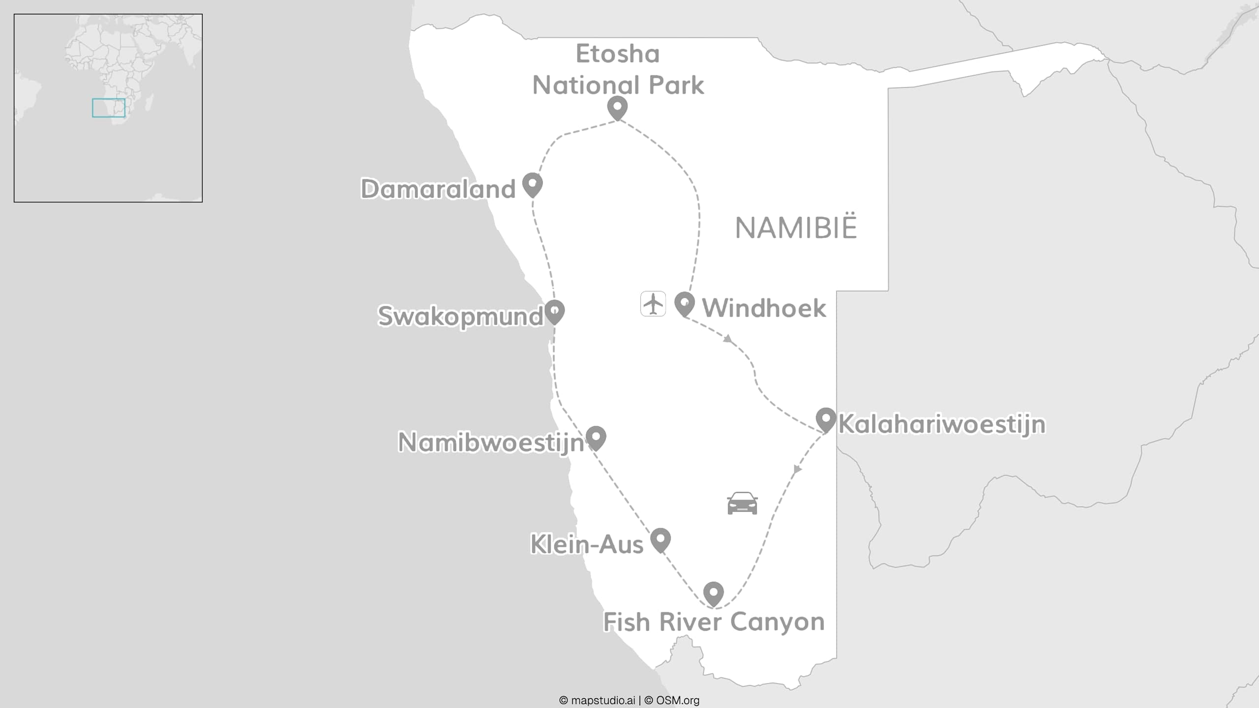 Namibië roadtrip: van Etosha-safari naar de woestijn